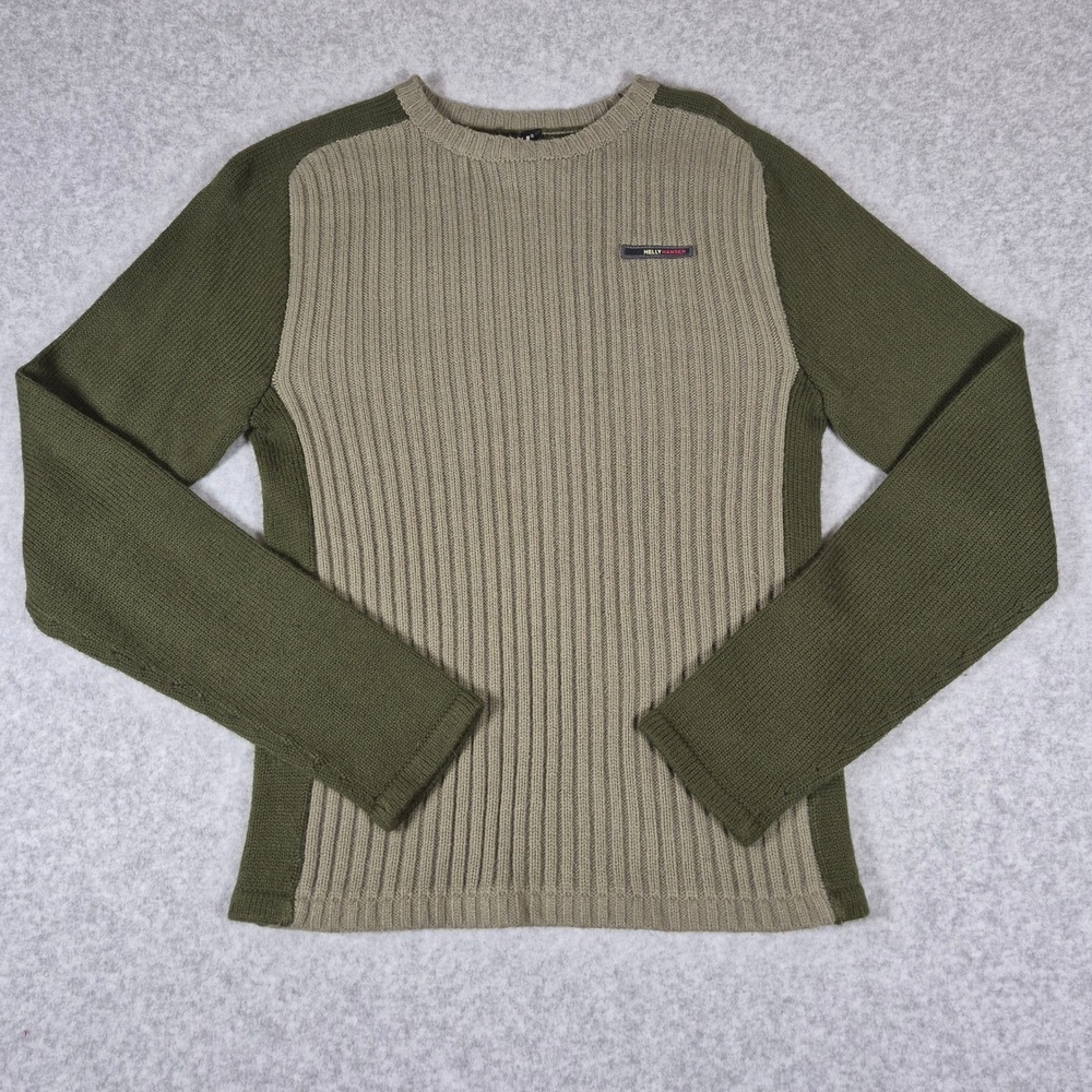 Helly Hansen Ribbed Knit Sweater Mens Small Green Tan Colorblock FK 86576 Z